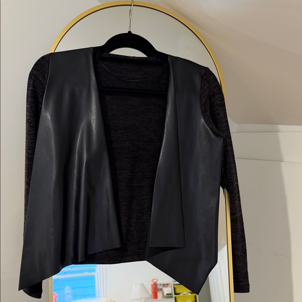Black Faux Leather Panel Open-Front Women's Jacket